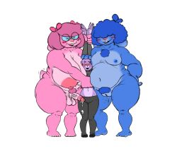 andromorph anthro balls big_breasts big_penis blue_body blue_hair blue_nipples blush bodily_fluids body_hair bottomwear breasts buckteeth chest_hair chunkyoreo clothing covered_eyes female genital_fluids genitals group gynomorph hair hi_res holding_arms huge_breasts intersex lagomorph leporid mammal midriff nipples nude pants penis pink_body pink_hair pink_nipples precum pubes purple_body rabbit raised_arms ribbons shirt size_difference tail teeth topwear trans_(lore) trio vulva