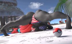anthro areola ass ass_up big_ass big_breasts big_butt bikini black_body breasts bubble_butt canid canine chair cloud female furniture furry generation_5_pokemon hair hi_res huge_ass jack-o'_pose low-angle_view mammal nintendo pokeball pokemon pokemon_(species) poolside pose presenting presenting_hindquarters rear_view red_hair solo thick_thighs vulva water wet wide_hips zerrymon zoroark