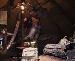 1080p 3d bubble_ass camping_tent candlelight capcom coat commission_(armor) demonlord_(armor) elizabeth_(huntress) female_focus game_screenshot hunter_(monster_hunter) indoors leather_pants long_hair long_sword_(mh) mature_female monster_hunter monster_hunter_(character) monster_hunter_(series) monster_hunter_world no_panties_under_leggings official_style original_character redhead_female round_ass sideass skin_tight skindentation spanish_text thicc_ass viper_tobi-kadachi_(armor)