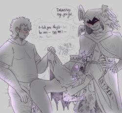 cloak cock_hungry cock_shock crown dialogue dick_in_pussy double_team english_text feathers forsaken forsaken_(roblox) hand_on_hip holding_penis monochrome noli noli_(forsaken) precum pulling_clothing roblox roblox_game roblox_myth shadow_on_eyes shedletsky shedletsky_(forsaken) shocked_expression telamon two_men uncolored wings wings_on_head