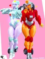 2girls 3d 3d_(artwork) blue_eyes firestar glowing_eyes green_panties high_resolution highres insignia moonracer orange_skin panties peace_sign red_lipstick red_panties robot robot_girl robot_humanoid thighs transformers trawert white_skin