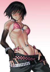 1girls belly_button_piercing bikini black_hair blue_eyes character_request cross_necklace emo light-skinned_female light_skin looking_at_viewer lucy_(ryofu_x) original original_character pendant piercing piercings pink_bikini ryofu_x short_hair solo solo_female swimsuit whale_tail