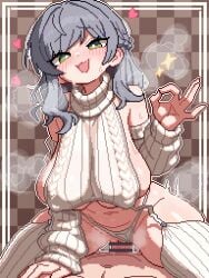 1boy bar_censor braid breasts censored clothing_aside commission cowboy_shot cowgirl_position female green_eyes grey_hair half-closed_eyes heart highres large_breasts looking_at_viewer medium_hair money_gesture open_mouth original panties panties_aside penis pixel_art pixiv_commission prostitution pussy raised_eyebrows sh339 side_braid smile smug solo_focus star_(symbol) steam steaming_body straddling sweater thighhighs underwear virgin_killer_sweater white_panties white_sweater white_thighhighs