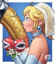 accessory anthro big_penis black_cock_ring blonde_hair blue_background blue_eyes border bouquet bowser choker clothing cock_ring crown disembodied_penis dress elemental_creature erection female flora_fauna flower flower_bouquet genitals glans grey_choker grey_jewelry grey_necklace group hair headgear hi_res huge_cock human human_focus human_on_anthro interspecies jewelry kissing koopa larger_anthro larger_male lipstick looking_up makeup male male/female mammal mario_bros necklace nintendo not_furry_focus nubbed_penis orange_glans pearl_ear_ring penis penis_accessory penis_jewelry penis_kissing pink_lipstick piranha_plant plant ponytail princess_peach razillon scalie side_view simple_background size_difference smaller_female smaller_human solo_focus spiked_cock_ring spikes tan_body tan_skin tiara vein veiny_penis wedding_dress wedding_veil white_border white_clothing white_dress yellow_penis