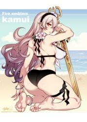 1girls alternate_costume anklet ass barefoot beach bikini black_bikini_bottom corrin_(fire_emblem) corrin_(fire_emblem)_(female) corrin_(summer)_(fire_emblem)_(female) dragon_girl feet fire_emblem fire_emblem_fates fire_emblem_heroes fishine flower flowers headband long_hair looking_back manakete nintendo ocean pointy_ears red_eyes sand slit_pupils solo swimsuit sword water wavy_hair weapon white_bikini white_swimsuit yato_(fire_emblem)