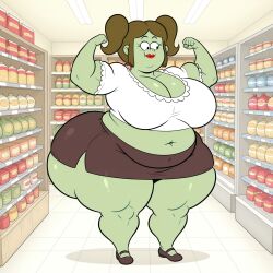 bbw big_ass big_breasts blouse cartoon_network cleavage flexing gigantic_ass green_skin huge_ass huge_breasts muscular_female overweight_female pigtails regular_show skirt slightly_chubby small_feet starla_(regular_show) tagme thick_thighs tummy