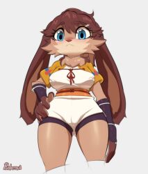 blue_eyes blush body_fur breasts brown_hair cowboy_shot cropped_legs female furry furry_female gradient hair_ornament long_hair solo standing sweat very_long_hair