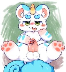 animal_genitalia animal_penis arm_markings asian_mythology balls blue_ear_tips blue_eyebrows blue_tail blush blush_lines canid canine censor_bar censored chinese_mythology digital_media_(artwork) dipstick_ears ear_markings east_asian_mythology erection eyebrows fabulous_beasts feet feet_in_air fenz_(studio) feral fur genitals green_eyes hi_res horn inner_ear_fluff lying male mammal markings multicolored_body multicolored_ears mythology on_back open_mouth pawpads paws penis pink_inner_ear pixiu simple_background smile solo tail tianlu_(fabulous_beasts) tongue tongue_out tuft unknown_artist white_body