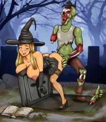 1boy 1girls 2d blonde_hair blue_eyes busty cemetery female female_focus from_behind from_behind_position graveyard halloween halloween_costume hourglass_figure kyunamaori lindsay_(tdi) long_hair male penetration sex tagme total_drama_island wide_hips witch witch_costume witch_hat zombie zombie_boy