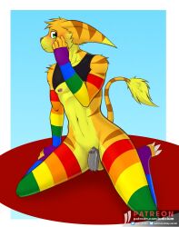 anthro arm_warmers armwear blush chastity_cage chastity_device clothing crop_top femboy hi_res iudicium86 kneeling legwear lgbt_pride lombax male mammal nipple_piercing nipples piercing pride_colors rainbow ratchet_(ratchet_and_clank) ratchet_and_clank shirt shy slim solo sony_corporation sony_interactive_entertainment stockings thigh_highs topwear