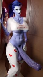 3d 3d_(artwork) big_breasts big_penis erect_penis erection futanari huge_cock hyper_penis overwatch overwatch_2 purple_body purple_skin sombra sourcemaker widowmaker