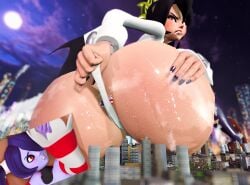 2girls 3d alternate_version_available angry angry_face ass ass_bigger_than_head behind_view big_ass big_butt black_hair bottom_heavy bubble_butt city clenched_teeth clothing curvaceous curvy curvy_figure female female_only filia_(skullgirls) giantess hair_over_one_eye huge_ass hyper_ass legwear long_hair looking_back mostly_nude musk musk_clouds musky_butt panties prevence purple_hair red_eyes skullgirls smothering squigly steam steamy_ass stockings sweat sweaty sweaty_butt thick_thighs voluptuous voluptuous_female wide_hips zombie zombie_girl