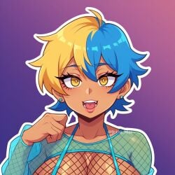 1girls ai_generated big_breasts blush celesta celestia commission earings female fishnets jorgecarlosai lipstick looking_at_viewer multicolored_hair oc original prostitute prostitution skimpy_clothes yellow_eyes