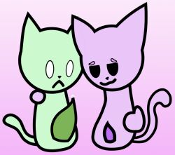 bodily_fluids domestic_cat duo felid feline felis floating_hands genital_fluids genitals green_body hi_res leaking_precum male male/male mammal okirb penis pink_body precum tagme tapering_penis