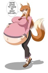 1girls breasts clothing female female_only holo huge_belly huge_breasts hyper_belly hyper_pregnancy large_breasts pregnant ready_to_pop solo spice_and_wolf spooky-gh0st