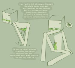 1boy albino embarrassed enderman fun_fact greedyghoul green_eyes green_penis leaking_precum minecraft minecraft_mob penis precum slit sweat tagme tentacle_penis text white_skin