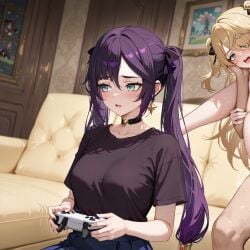 2girls ai_generated controller fischl_(genshin_impact) full_nelson gamer_girl legs_up male_penetrating male_penetrating_female medium_breasts meme mona_(genshin_impact) oblivious_woman_in_glasses_playing_video_games_(meme)offscreen_male offscreen_sex sitting standing_full_nelson trio