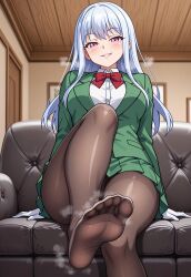 ai_generated campbell_mira feet feet_fetish feet_focus feet_up foot_fetish grin indoors legs medium_breasts oide_yo!_shiritsu_yarima_x_rigakuen pantyhose perfect_legs school_uniform schoolgirl sitting smelly_feet smirk steamy_feet thick_thighs