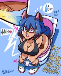 4:5 absurd_res anthro anus bathroom bodily_fluids brand_new_animal clothed clothing female genital_fluids genitals green_eyes hi_res michiru_kagemori panties panties_down partially_clothed peeing rabbidsinger relieved skid_marks solo studio_trigger toilet toilet_paper toilet_use underwear underwear_down urine urine_stream vulva wet wet_clothing wet_panties wet_underwear