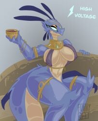 anthro big_breasts blue_body dragon dungeons_and_dragons fantasy funkyrat gold_jewelry inner_sideboob jewelry lizard original_character scalie wide_hips
