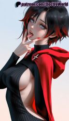 1girls 2025 ai_generated artist_name average_breasts black_hair breasts bust chest covered_nipples electroworld female gradient gradient_background hi_res high_quality high_resolution highres hood hooded_cloak medium_breasts multicolored_hair normal_breasts patreon patreon_username red_hair ruby_rose rwby saliva short_hair solo stable_diffusion tongue tongue_out two-tone_hair watermark