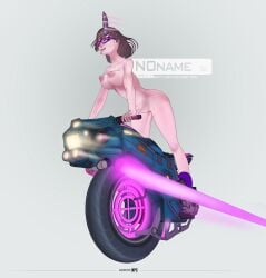absurdres artist_annoyednpc body_modification boots breasts brown_hair character_n0n cigarette completely_nude exhibitionism female from_below full_body glasses hair_over_one_eye happy highres horns large_areolae large_breasts light_smile long_hair looking_afar motor_vehicle motorcycle motorized_unicycle neon_lights non-web_source nude original pale_skin perky_breasts pointy_breasts public_indecency puffy_nipples red_eyes riding science_fiction simple_background single_horn smile smoking solo unlit_cigarette_in_mouth
