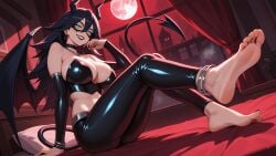 ai_generated anklet bare_shoulders barefoot bat_wings bed black_hair blue_eyes boku_no_hero_academia bracelet breasts crossed_legs cuffs demon_girl demon_horns demon_tail demon_wings earrings erosaga feet female foot_focus full_moon hoop_earrings horns jewelry large_breasts long_hair looking_at_viewer midnight_(my_hero_academia) moon my_hero_academia navel night night_sky on_bed pants red_moon smile soles solo stirrup_legwear tail toes window wings