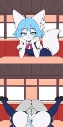 1boy 1girls :3 animal_ears anon anthro anus ass balls blue_eyes blue_hair breasts date female furry_female human_on_anthro indie_virtual_youtuber indoors instant_loss instant_loss_2koma interspecies looking_at_viewer male mating_press medium_breasts on_table pussy restaurant self_upload sex smile tagme tail unepicroachy vaginal_penetration virtual_youtuber white_fur wip wolf_ears wolf_girl wolf_tail wolfychu youtube