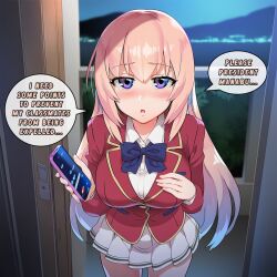 absurd_res absurdres ai_generated blonde_hair blush classroom_of_the_elite color commentary darklust dialogue english english_commentary english_dialogue english_text female hi_res high_resolution highres human ichinose_honami_(cote) large_breasts long_hair motion_blur motion_lines night novelai school_uniform self_upload speech_bubble speed_lines sweat tagme text uncensored youkoso_jitsuryoku_shijou_shugi_no_kyoushitsu_e