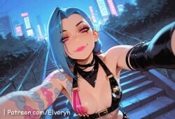 ai_generated big_breasts breasts choker choker_only cloud_tattoo completely_nude elvoryn face_out_of_frame female female_focus female_only hourglass_figure hourglass_figured_female jinx_(league_of_legends) league_of_legends nude nude_female patreon_username shiny shiny_skin smile smiling smiling_at_viewer solo solo_female solo_focus sweat sweatdrop sweating sweaty tattoo tattoo_on_chest tattooed_arm tattoos voluptuous voluptuous_female