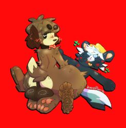 animal_crossing anthro anus balls bodily_fluids boots canid canine canis clothing digby_(animal_crossing) domestic_dog duo eyebrow_through_hair eyebrows footwear genitals hair hat headgear headwear heart_symbol hoovedfaerie kicks_(animal_crossing) kiss_mark lipstick makeup male male/male mammal mephitid nintendo pawpads paws red_background shoes simple_background skunk spiral spiral_eyes sweat tail translucent translucent_hair yellow_clothing yellow_hat yellow_headwear