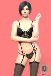 resident_evil resident_evil_4 ada_wong resident_evil_4_remake ada_wong_(adriana) chinese_female asian asian_female short_hair black_hair brown_eyes fit_female female 3d_(artwork) 3d_model 3d_render qartix lingerie lingerie_only garter_straps stockings thighhighs red_background simple_background artist_logo lace-trimmed_lingerie lace_trim panties lace_panties posing posing_for_the_viewer