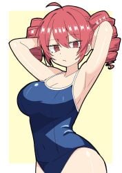 1girls 2d 2d_(artwork) ahoge arched_back armpit_fetish armpits arms_behind_head arms_up big_breasts big_thighs breasts cleavage competition_swimsuit curvaceous curvy curvy_female curvy_figure female female_only hitorikanawo huge_breasts kasane_teto large_breasts large_thighs looking_at_viewer navel navel_visible_through_clothes pose posing red_eyes red_hair sfw shiny_skin showing_armpits simple_background skintight slim_waist solo solo_female swimsuit thick_thighs thighs tight_clothing top_heavy twin_drills utau wide_hips