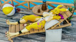 1girls 3d_model 3d_render bandai_namco beach beach_ball blender calm digi_(yourdigimongirl) digimon drink female fox renamon smile solo sweet_hunter water