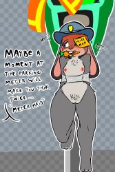 absurd_res anthro areola bell-thing blush bound breasts buckteeth carrot_pen clothing dialogue disney female gag gagged genitals hat hat_only headgear headgear_only headwear headwear_only hi_res judy_hopps lagomorph leporid long_ears mammal mostly_nude nipples nude post-it_note rabbit small_breasts solo teeth vulva zootopia