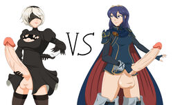 2futas balls blindfold bottomless breasts clothed clothing crossover duo erection fire_emblem fire_emblem_awakening futa_only futanari huge_cock human light-skinned_futanari light_skin lucina_(fire_emblem) mostly_clothed nier nier:_automata nintendo pale_skin partially_clothed penis short_hair spooky-gh0st standing text yorha_2b