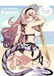 1girls alternate_costume anklet ass bangs barefoot beach bikini black_bikini_bottom bracelet breasts character_name commission copyright_name corrin_(fire_emblem) corrin_(fire_emblem)_(female) corrin_(summer)_(fire_emblem)_(female) dragon_girl dragon_tail english_text feet fire_emblem fire_emblem_fates fire_emblem_heroes fishine flower flowers frilled_bikini frills from_behind grey_hair hair_flower hair_ornament hairband head_tilt headband heart holding holding_sword holding_weapon jewelry large_breasts long_hair looking_back manakete nintendo ocean patreon_username pointy_ears red_eyes sample sand skirt slit_pupils soles solo source_smaller speech_bubble swimsuit sword tail thank_you water watermark wavy_hair weapon white_bikini white_swimsuit