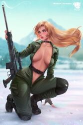 1girls blonde_hair blue_eyes blurry_background blush bodysuit crouching female female_only hi_res inner_sideboob konami long_hair metal_gear_solid open_bodysuit open_clothes outdoors prywinko red_lips rifle sniper_wolf snow solo