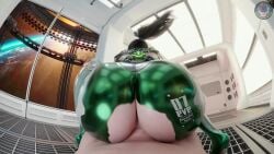 1boy 3d animated ass black_hair bodysuit bouncing_ass breasts brown_bodysuit clothing_cutout elevator english_commentary eve_(stellar_blade) female green_bodysuit hair_ornament highres impossible_bodysuit impossible_clothes indoors large_penis long_hair maiden-masher maiden_masher mechanical_spine moaning penis pixie_willow_(voice_actor) planet_diving_suit_(7th)_(stellar_blade) ponytail pov reverse_cowgirl_position sex silver_bodysuit skin_suit_(stellar_blade) sound squatting_cowgirl_position stellar_blade straddling straight tagme uncensored video