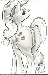 anatomically_correct anatomically_correct_anus anatomically_correct_pussy anus applejack_(mlp) caboni32 clitoris cutie_mark equine female friendship_is_magic half-closed_eyes hat horse looking_at_viewer looking_back mammal monochrome my_little_pony plain_background pony pussy seductive smile smooth_skin solo white_background