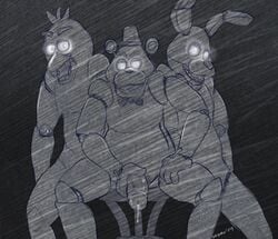 1girls 2boys animatronic avian bear bird bonnie_(fnaf) bowtie bunny bunny_ears chica_(fnaf) chicken classic_chica_(fnaf) cum erection female five_nights_at_freddy's freddy_(fnaf) glowing_eyes grayscale greyscale hat lagomorph long_ears looking_at_viewer machine male mammal mechanical monochrome naoma-hiru nude open_mouth penis precum rabbit rabbit_ears robot sitting smile spread_legs spreading straight_hair