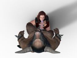 3d brown_hair closed_eyes color elf fellatio female hair handjob horsecock interspecies kneeling male minotaur monster oral transparent_background two-handed_handjob whiteraven