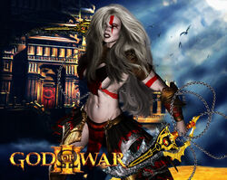 clothes color female female_only front_view genderswap genderswap_(mtf) god_of_war grey_hair hair holding_sword kratos kratos_(female) long_hair overhand_grip rule_63 solo sword weapon white_skin