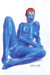 1girls 2001 blue-skinned_female blue_skin breasts english_text facial_markings female female_only kevin_j_taylor leg_up looking_at_viewer markings marvel marvel_comics milf mutant mystique nipples nude nude_female pussy raven_darkholme rebecca_romijn red_hair short_hair solo solo_female spots straight_hair stripes text uncensored vagina white_background x-men x-men_(movie_series) yellow_eyes