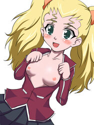 1girls anime_style blonde_hair blush breasts clothed clothing female huge_eyes nipples open_clothing open_mouth open_shirt pale_skin partially_clothed patty_(yugioh) small_breasts smile twintails yu-gi-oh! yu-gi-oh!_5d's