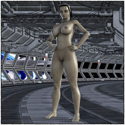 1:1 2009 3d abs akimbo alien black_hair cardassian_(species) female grey_skin hands_on_hips jolene_kayla ki'maa large_breasts navel no_pussy nude star_trek tagme