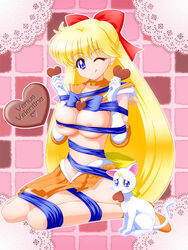 1girls 2010 :q animal artemis_(sailor_moon) big_breasts bishoujo_senshi_sailor_moon blonde_hair blue_eyes bow breasts cat chocolate choker clothing elbow_gloves feline female female_only feral fur gloves hairbow human large_breasts long_hair magical_girl minako_aino naked_ribbon nipples pointy_chin ribbon sailor_senshi sailor_venus sandalnyan skirt solo tied_up tongue valentine valentine's_day wink