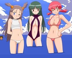 beach between_labia bikini blue_eyes blush breast_envy breasts brock_(pokemon) cameltoe cleavage clothes cloud dark_hair embarrassed erect_nipples female green_hair grin gym_leader hair human innie_pussy jasmine_(pokemon) kuro_hopper kusakabe330 large_breasts long_hair lowleg lowleg_bikini multiple_females nintendo oekaki pink_eyes pink_hair pokemon pokemon_gsc pokemon_rgby red_eyes sabrina_(pokemon) short_hair short_twintails silver_hair smile sports_bikini standing string_bikini swimsuit tied_hair twintails wallpaper water whitney_(pokemon) wink