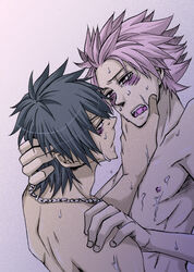 2boys blush blush_lines blushing fairy_tail gray_fullbuster hand_behind_head hand_on_face hand_on_head hand_on_jaw looking_down looking_up male male_only multiple_males natsu_dragneel nipples nude nude_male simple_background sweat sweating teardrop tears yaoi