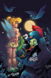 1girls disney disney_fairies fairy fairy_wings jiminy_cricket male pat_carlucci peter_pan_(disney) pinocchio poker runny_makeup strip_poker tears tinker_bell undressing wings